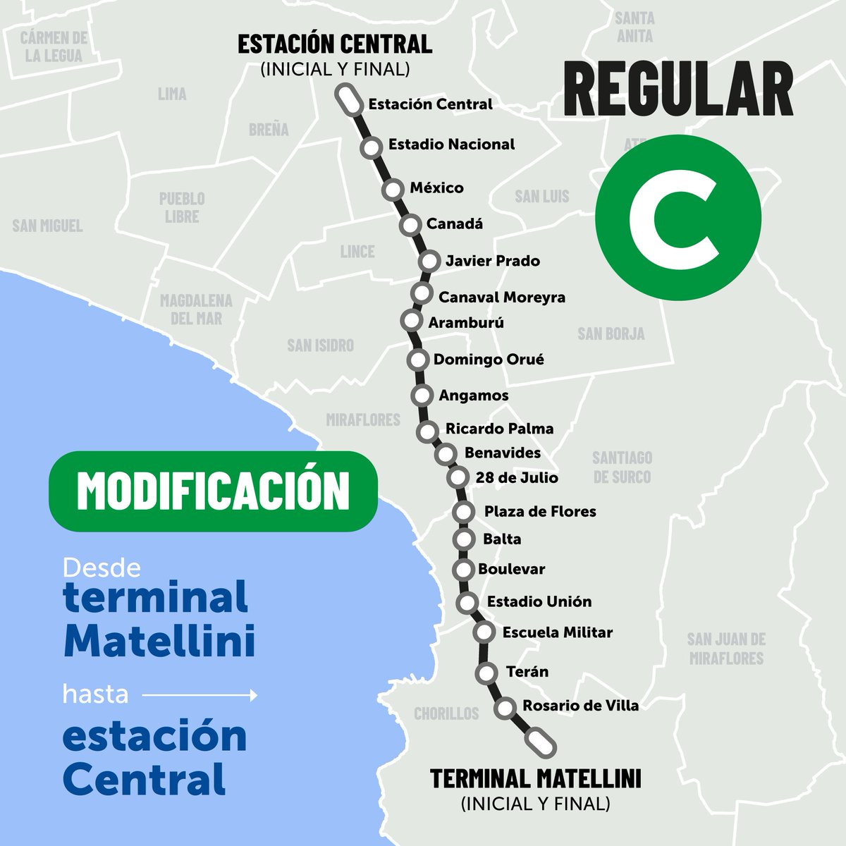 Metropolitano_L's tweet image. ¡Atención, usuarios! Les recordamos que, desde hoy, la ruta C del Metropolitano solo circula desde el terminal Matellini hasta la estación Central, ida y vuelta.
