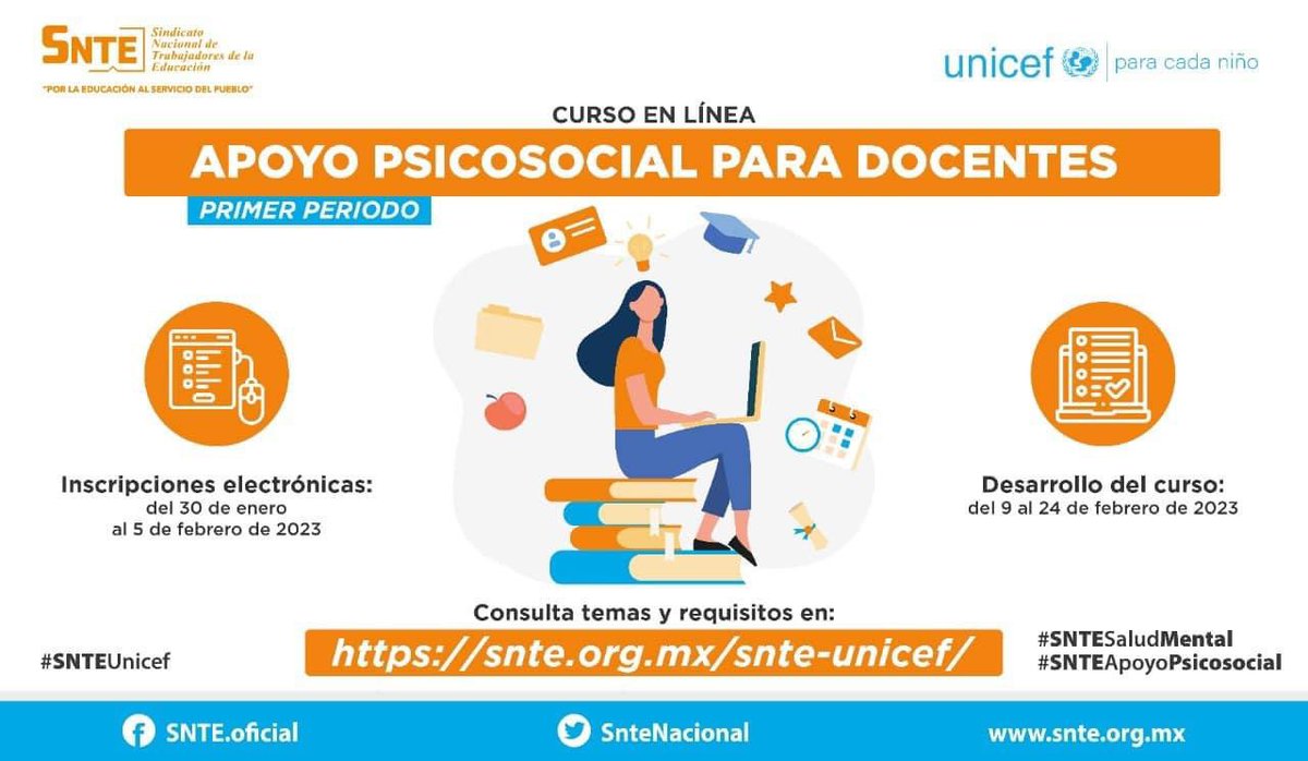 seccion_19's tweet photo. #SNTEconMéxico 👩‍🏫🇲🇽👨‍🏫

#SNTE 📚 y @UNICEFMexico 🇺🇳 invitan a maestras y maestros al curso en línea 👉𝘼𝙥𝙤𝙮𝙤 𝙥𝙨𝙞𝙘𝙤𝙨𝙤𝙘𝙞𝙖𝙡 𝙥𝙖𝙧𝙖 𝙙𝙤𝙘𝙚𝙣𝙩𝙚𝙨 👩‍💻 Registro abierto desde hoy #30deEnero al #5deFebrero 🗓️

👉Consulta requisitos 👇👇
👉 https://t.co/0FUXLIqjg3 🧑‍💻 https://t.co/qhO4eR9Llf