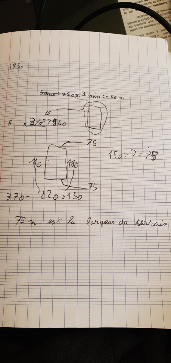 Cm2BJLB's tweet photo. @DefiEurekaMaths aujourd'hui ce fut difficile mais  Clément nous a convaincu et nous permet de répondre que la largeur est de 75m. Il faut connaitre le périmètre d'un tour en divisant par 8 puis en enlevant les 2 longueurs il reste les 2 largeurs.  #énigme #EurêkaMaths https://t.co/Kj71NFPEUL