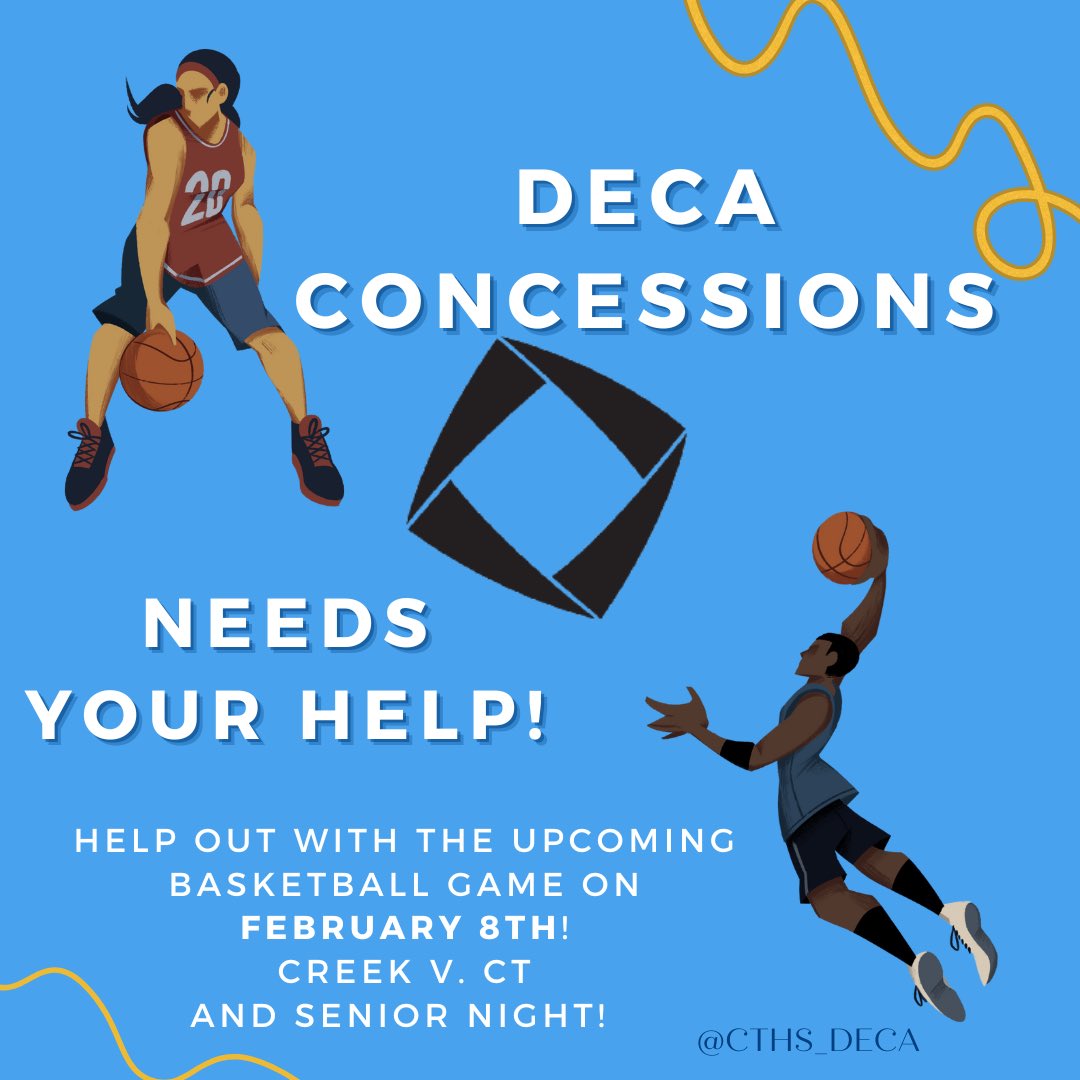 cthsdeca's tweet photo. DECA Members!! DECA Concessions needs your help! On February 8th we will be having one of our biggest basketball games against Creek- which is also Senior Night! 🏀 We need people to sign up for concessions… scan the QR code to sign up 🔷 https://t.co/X7zjsLrnJN