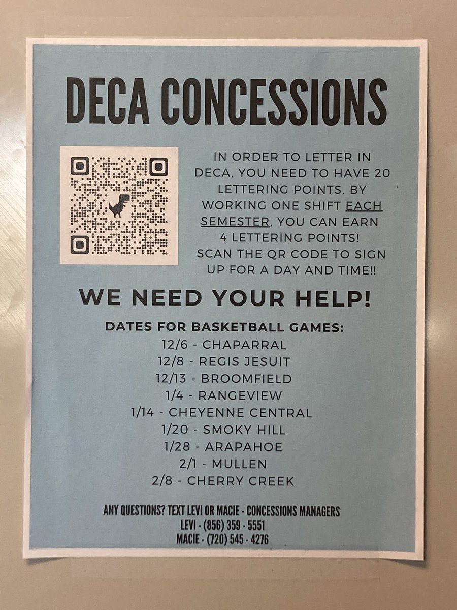 DECA Members!! DECA Concessions needs your help! On February 8th we will be having one of our biggest basketball games against Creek- which is also Senior Night! 🏀 We need people to sign up for concessions… scan the QR code to sign up 🔷