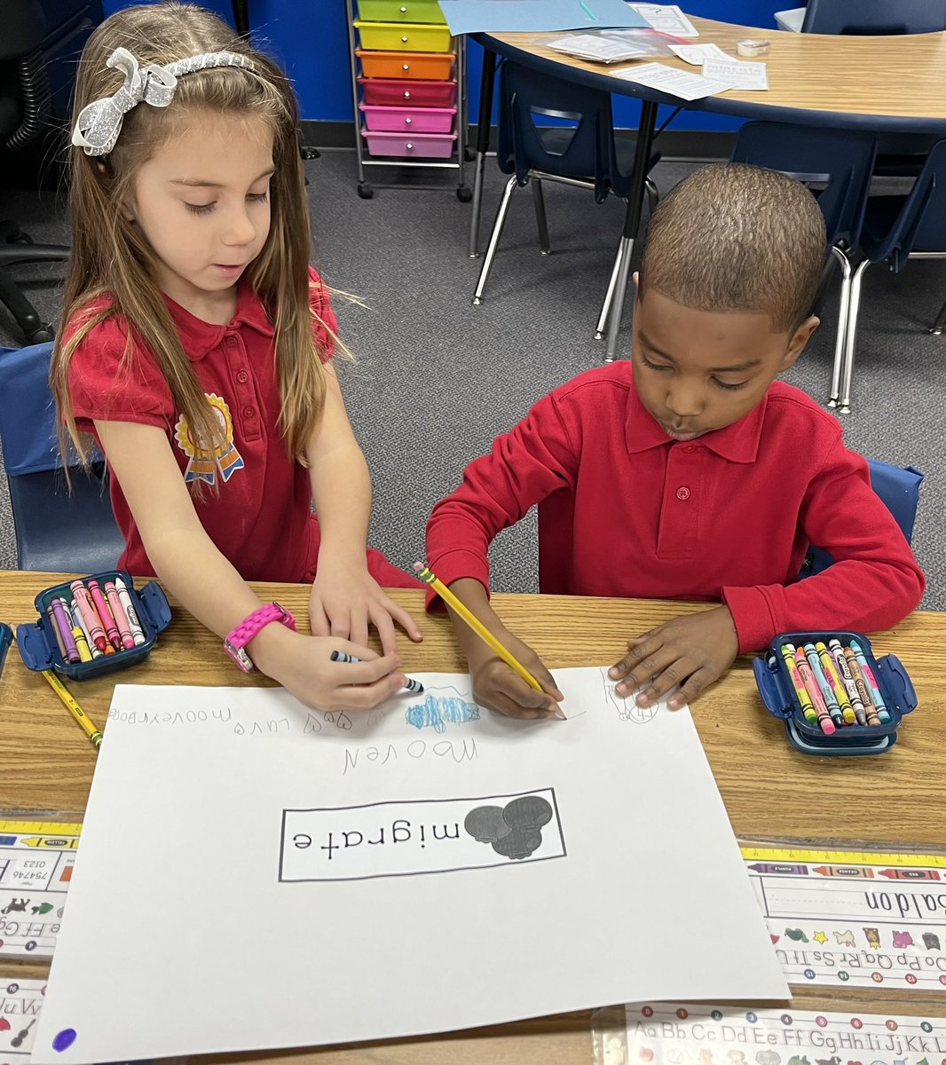 Iselyelementary's tweet photo. Kindergarteners in Mrs Burrus’ room working on a vocabulary quilt for the word MIGRATE. https://t.co/bI0O7f0iPn
