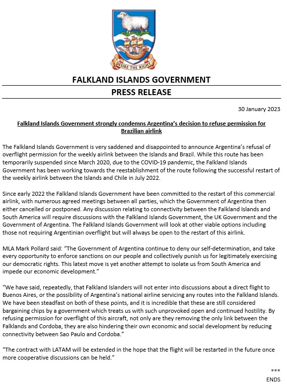 Falkland Islands Government strongly condemns Argentina’s decision to refuse permission for Brazilian airlink