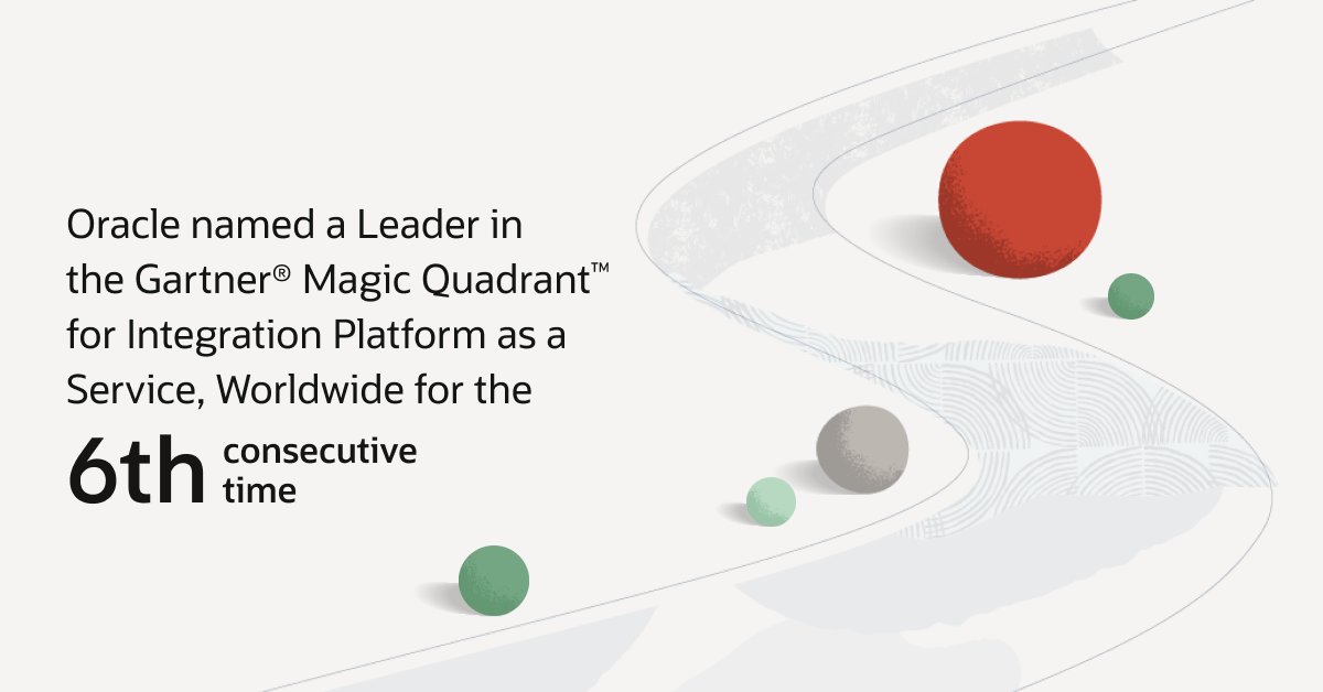 Oracle's tweet photo. We’re proud to be recognized by @Gartner_inc as an Integration Platform as a Service Leader.
 ✅ Positioned highest for the ability to execute
 ✅ Building on our Leader position in the 2022 Gartner® Magic Quadrant™ for Data Integration Tools https://t.co/tg5E00r6xF https://t.co/1eUBFnGJmA