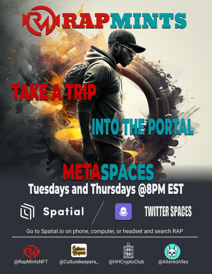 culturekeepers_'s tweet image. Every Tuesday &amp;amp; Thursday 8pm est in @Spatial_io 

#RapMints #Thefreshest #Hiphopnfts #metaverse #builtinspatial 

🔥🔥🔥🔥🔥 @Rapmintsnft @HHCryptoClub @alteredalley