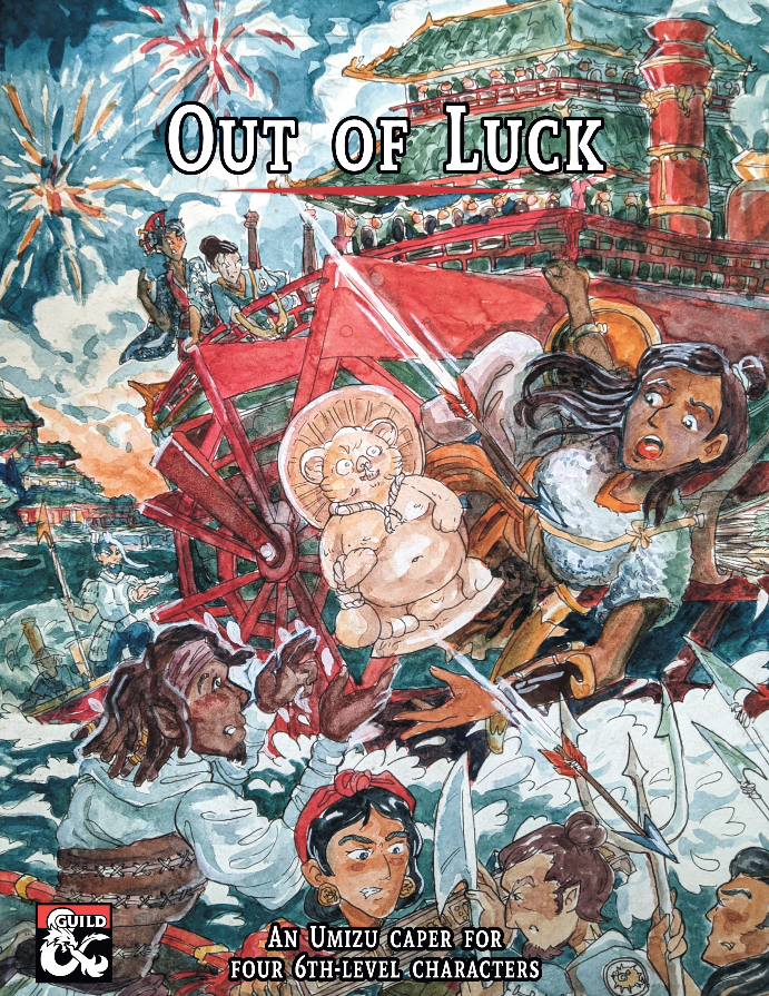 Cover art for Out of Luck, a 5e #dnd Umizu caper for 6th level is in! The kickass <a href="/MGlenhaber/">Mehitabel Glenhaber Is Drawing Prehistoric Trees</a> is my artistic co-conspirator and made this sweet tableau of the one-shot’s hijinx. Sign up at jarofeyes.substack.com to get notified (and a 50% discount code) when it's on sale!