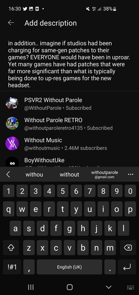 @YelnickMcWawa @PerpGames @WithoutParole @parolePSVR On YT the at is 'withoutparole'. Try it, type it into a description box of one of your videos. A drop down appears...