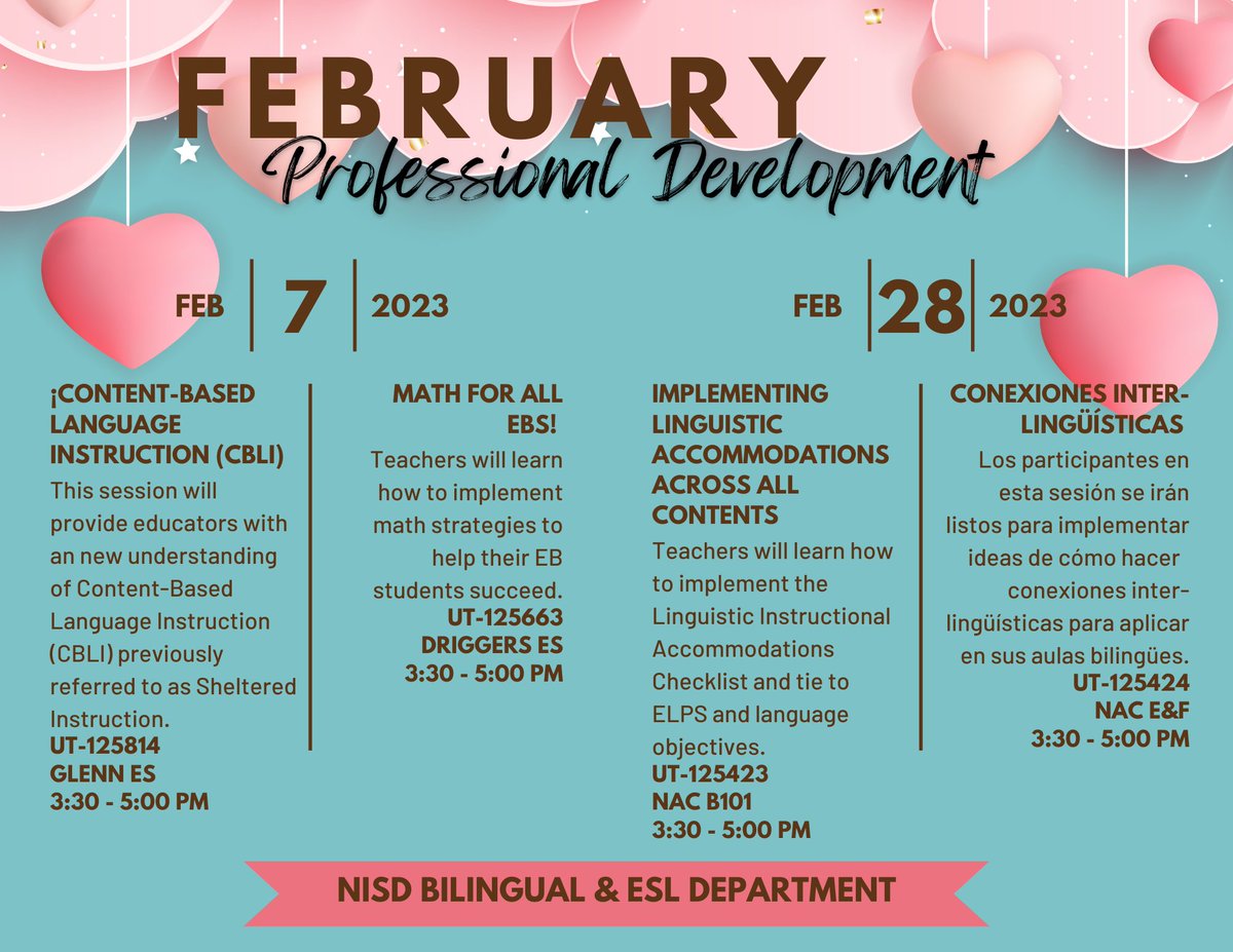 We are preparing for a busy February! Make sure you add a professional development opportunity to your calendar. Check out our offerings for this month. @NISD @NISDElemCI Register here: nisd.pl.powerschool.com/ia/empari/lear…