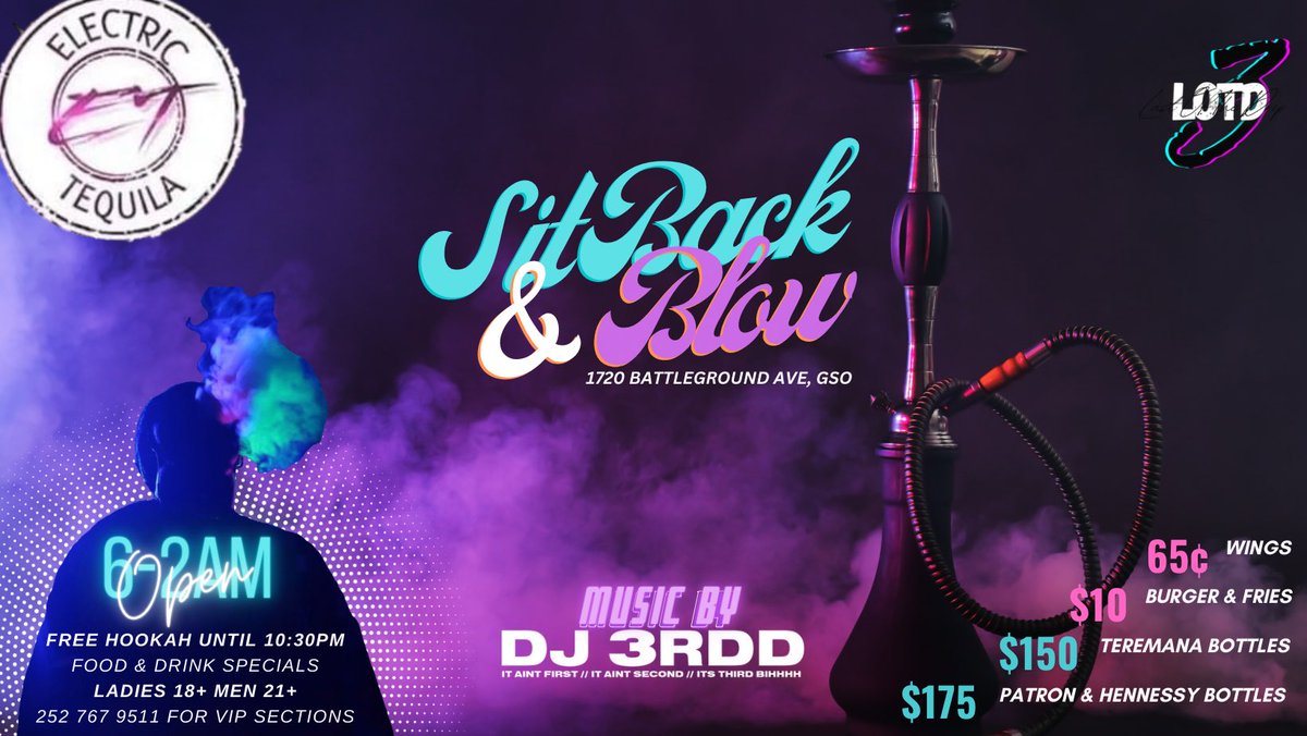 Bringing Greensboro All New Energy 
Just For Y’all To Kick Off Your Week Right 

Let’s Stick Back &amp; Bloww 💨 

Each &amp; Every Monday Doors Open 6-2AM 
Hookahs FREE Til 10:30 ‼️😮‍💨
Variety Of Specials Plus Vibes From Myself 10-2

Share The Post &amp; Word For Me
For Info &amp; Sections DM Me