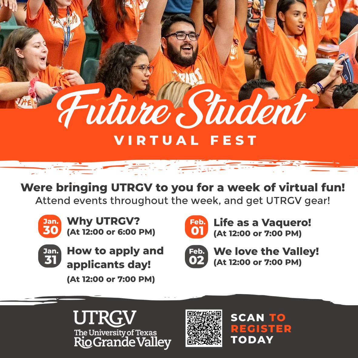 Future Student Virtualfest is HERE!!!!

January 30-February 2

Fill out this quick registration form to let us know which sessions you'll be attending: forms.office.com/r/aP1SRbRSEc

#UTRGVGoingOrange