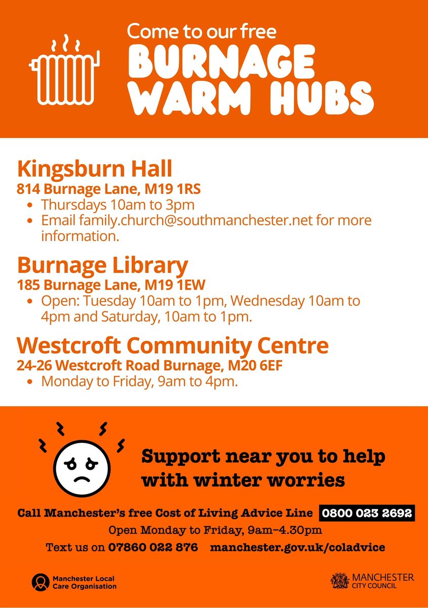 Join <a href="/McrLCO/">Manchester Local Care Organisation</a> <a href="/DBCP_INT/">Didsbury, Burnage and Chorlton Park INT</a> <a href="/SouthwayHousing/">Southway Housing Trust</a> <a href="/GMPFallowfield/">Fallowfield, Withington, Levenshulme Police (GMP)</a> <a href="/gmlawcentre/">Greater Manchester Law Centre</a> <a href="/groundworkuk/">Groundwork UK</a>  <a href="/BurnageLibrary/">Burnage Library</a> <a href="/BurnageGN/">Burnage GN</a> &amp; others - Community Get Together - Wed 1 Feb 10.am -12.30pm <a href="/westcroftcc/">Westcroft Community Centre</a> 

Free hot food &amp; drinks, health checks, Covid-19 jabs, advice &amp; support.