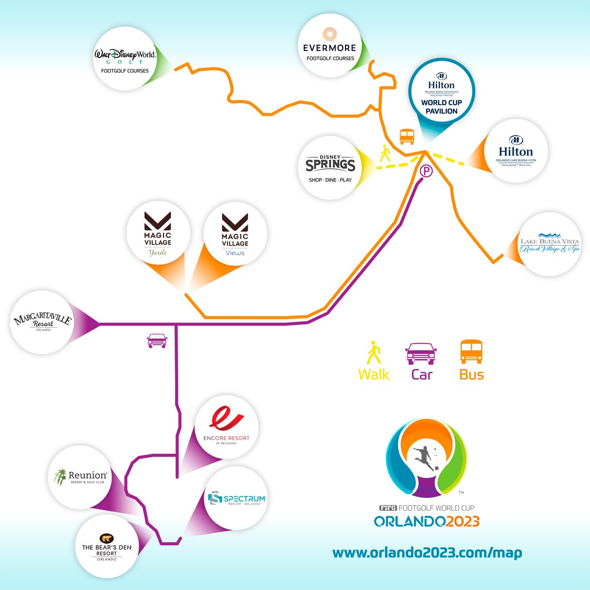 FIFG FootGolf World Cup • AREA MAP
SEE ONLINE AT: orlando2023.com/map
• The drive to the Golf Courses from the WORLD CUP PAVILION is 7-8 Minutes to Evermore Resort and 15 minutes to Walt Disney World Golf
#fifgwc2023 #Orlando2023 #footgolfpower #footgolf #fifg #hiltonbvp
