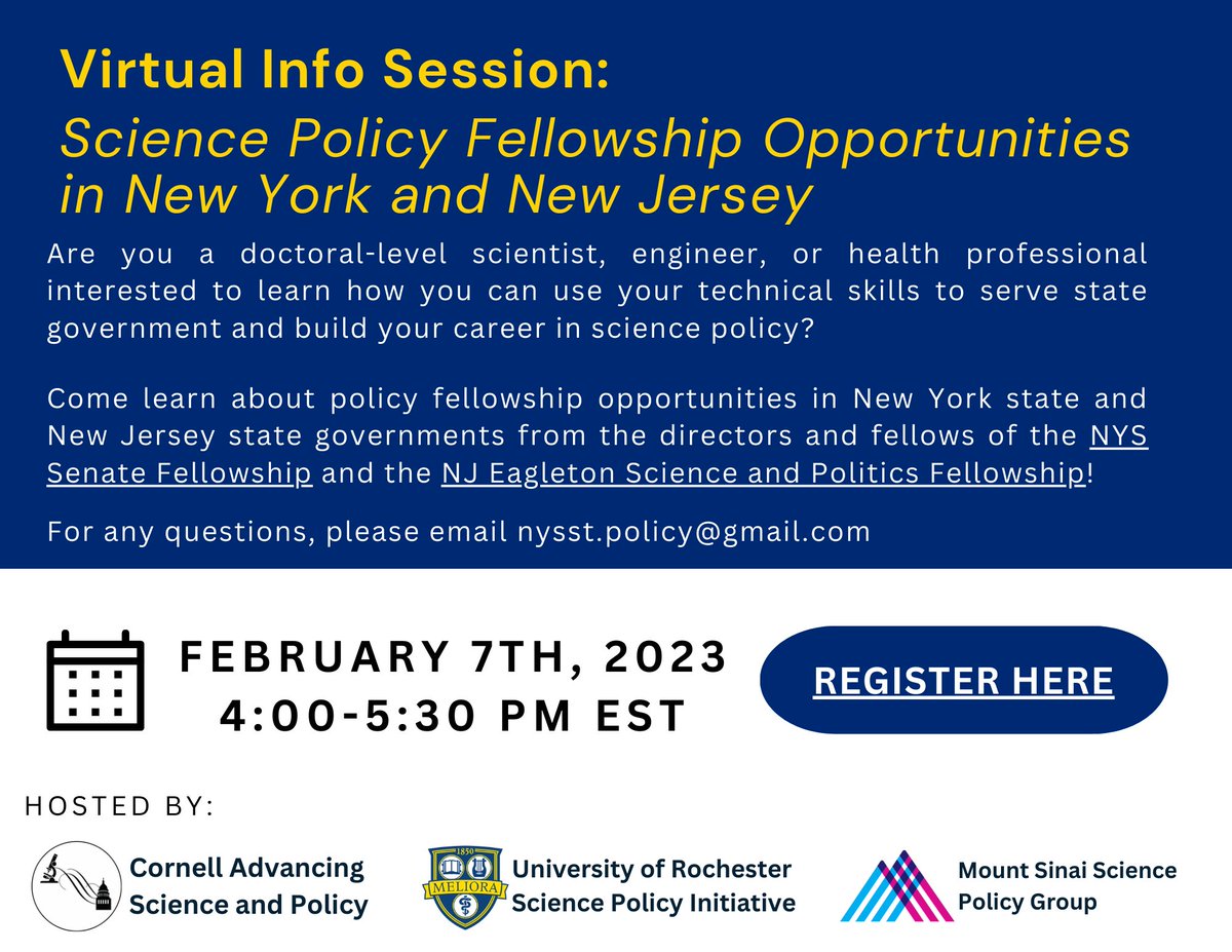 Cornell Advancing Science and Policy Club (ASAP) (@cornellasap) on Twitter photo Want to know about #scipol at the state level? Cornell ASAP is co-hosting (w/<a href="/ROCSciPol/">Rochester Science Policy Initiative</a> & <a href="/MSSPG_/">Mount Sinai Science Policy Group</a>) a virtual information session about policy fellowships in NYS and NJ state government next week, Feb 7th from 4-5:30 PM EST! Register here: docs.google.com/forms/d/e/1FAI… Want to know about #scipol at the state level? Cornell ASAP is co-hosting (w/<a href="/ROCSciPol/">Rochester Science Policy Initiative</a> & <a href="/MSSPG_/">Mount Sinai Science Policy Group</a>) a virtual information session about policy fellowships in NYS and NJ state government next week, Feb 7th from 4-5:30 PM EST! Register here: docs.google.com/forms/d/e/1FAI…