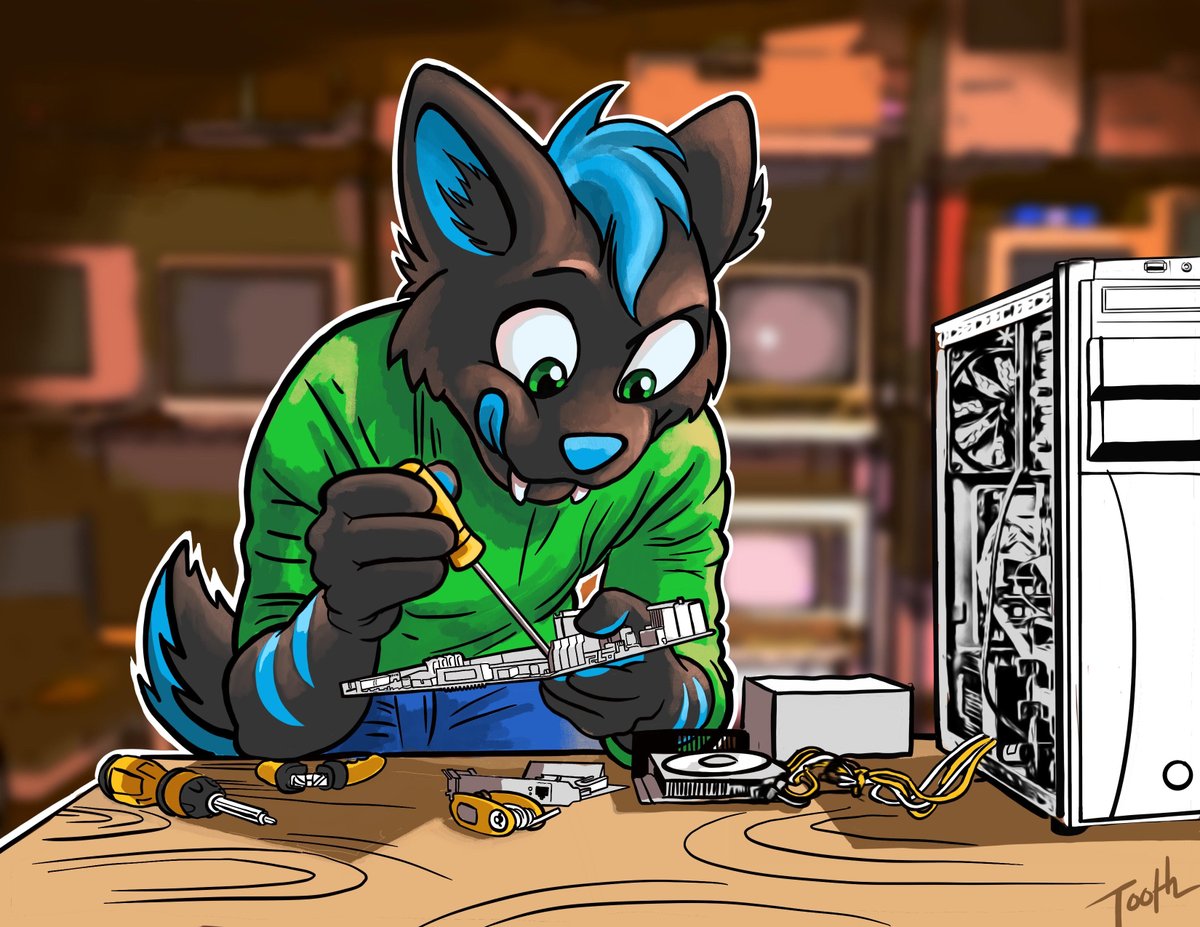TyTheSaber's tweet photo. Attention nerds! Got an awesome commission of Ty working on some classic hardware in his basement

(IRL I have a backlog of classic PC's and an old radio receiver that needs work)

Give them a follow and maybe a commission💙 - tell 'em Large Maw sent ya!
https://t.co/E2XmdG8Ni6 https://t.co/N168lqUqpY