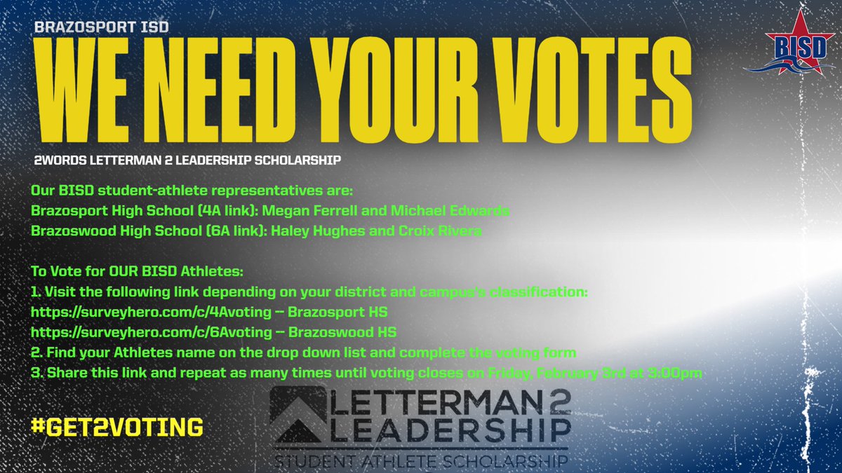 bportisdsports's tweet photo. HERE WE GO @BrazosportISD!! 
2Words Letterman2Leadership Scholarship voting is today - Friday at 3:00pm. VOTE AS MANY TIMES AS POSSIBLE!!👊🏻

@AlwaysExporter: Vote for Megan &amp; Michael at https://t.co/kBU5BkZVAY ⚓️

@BwoodBucs: Vote for Haley &amp; Croix at https://t.co/omKMVf61uk 🏴‍☠️ https://t.co/pGD5HcSk3U