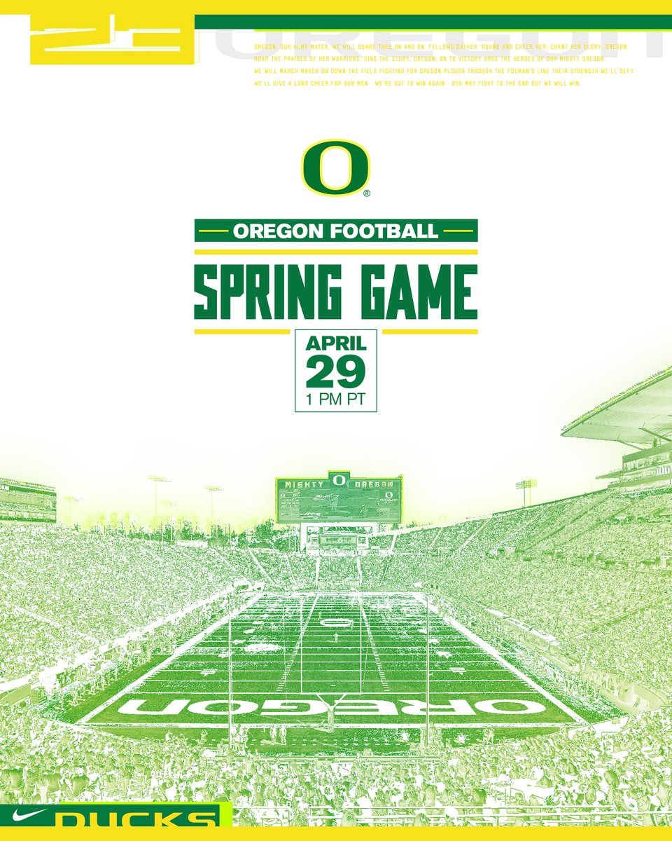 First look at the 2023 Ducks! 🦆 The annual Spring Game is set for 𝟭 𝗣𝗠 𝗼𝗻 𝗔𝗽𝗿𝗶𝗹 𝟮𝟵 at Autzen Stadium and will be broadcast live on @Pac12Network. #GoDucks 📝bit.ly/3jdESJe