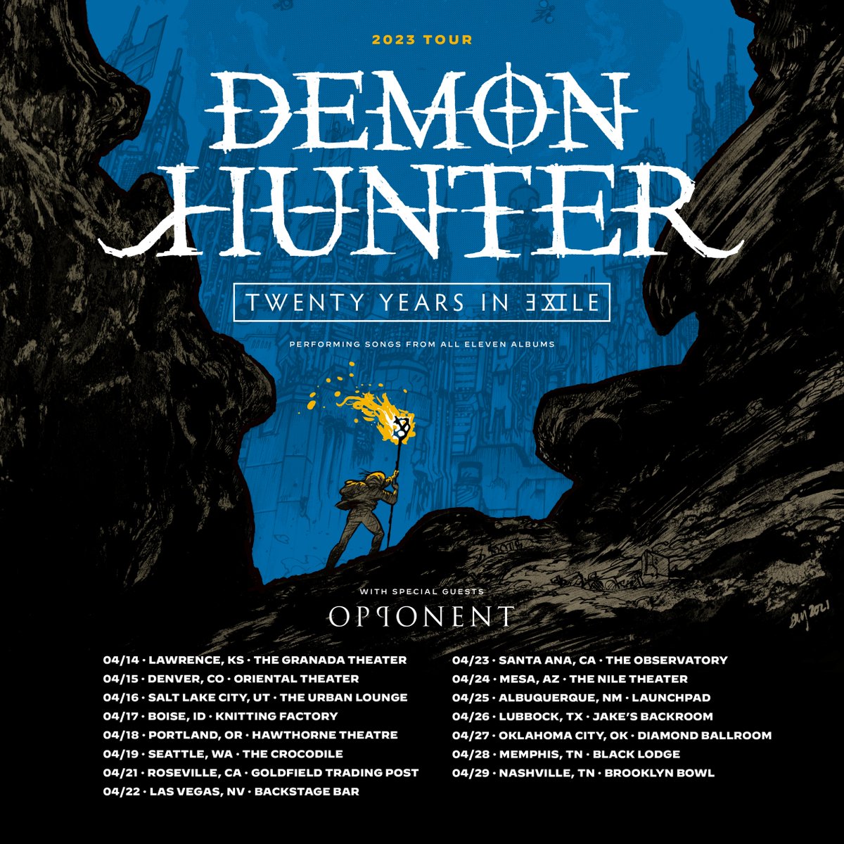 demonhunterband's tweet photo. TWENTY YEARS IN EXILE! Hitting several cities we haven't played in years. These are the ONLY dates planned for 2023 so make the trip to the nearest show! Playing songs from all 11 albums. VIP tix &amp; info: https://t.co/I1JQNDivWG https://t.co/fpxDjjFFpI