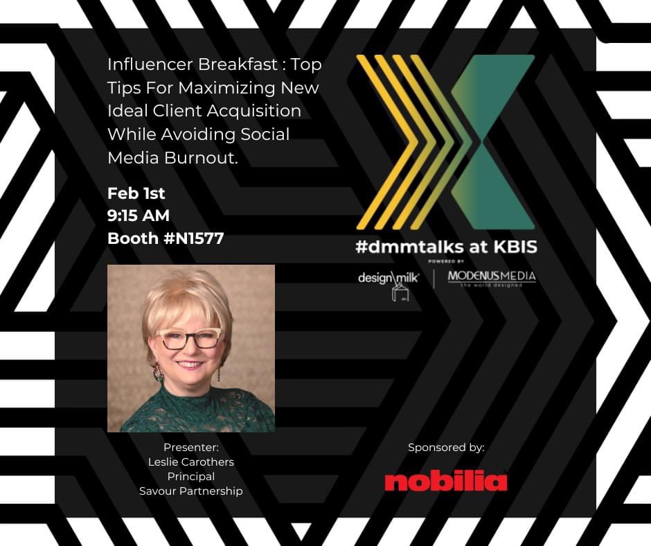 designmilk's tweet image. At @KBIS, on 2/1 at 9:15 AM in the #DMMTalks lounge, sponsored by Nobilia, join @tkpleslie of @savourpartnrshp and get her top tips for proven strategies for new ideal client acquisition. #KBIS2023
Register here: eventbrite.com/e/influencer-b…
