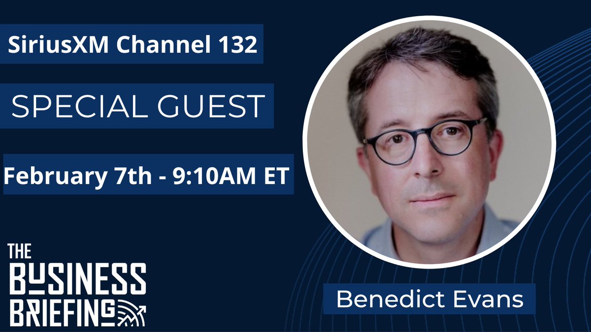 .<a href="/BenedictEvans/">Benedict Evans</a> will join our Launch Week on <a href="/SiriusXM/">SiriusXM</a> to discuss his outlook for Tech in 2023, his reaction to ChatGPT, ways to think about the Metaverse and more! 

🔊Tune in on <a href="/SXMBusiness/">SiriusXM Business Radio</a>🔊