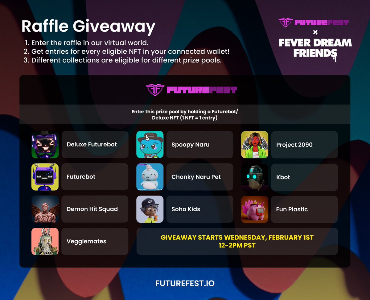 FutureFest ๐ค | Virtual Events (@futurefestxr) on Twitter photo ๐จ๐จEnter now to win a FutureBot & <a href="/YummiUniverse/">Yummi Universe</a> Shiny Naru Pet.
This ๐คBot is your ticket into the event on Feb 1st to win more NFTs in our scavenger hunt!
๐๐ป HOW TO ENTER ๐๐ป
โ
Follow Us & <a href="/FDFriendsNFT/">Fever Dream Friends | Sold Out</a>
โ
Like & R/T
โ
tag 2 friends
Winner announced in 48 hours ๐จ๐จEnter now to win a FutureBot & <a href="/YummiUniverse/">Yummi Universe</a> Shiny Naru Pet.
This ๐คBot is your ticket into the event on Feb 1st to win more NFTs in our scavenger hunt!
๐๐ป HOW TO ENTER ๐๐ป
โ
Follow Us & <a href="/FDFriendsNFT/">Fever Dream Friends | Sold Out</a>
โ
Like & R/T
โ
tag 2 friends
Winner announced in 48 hours