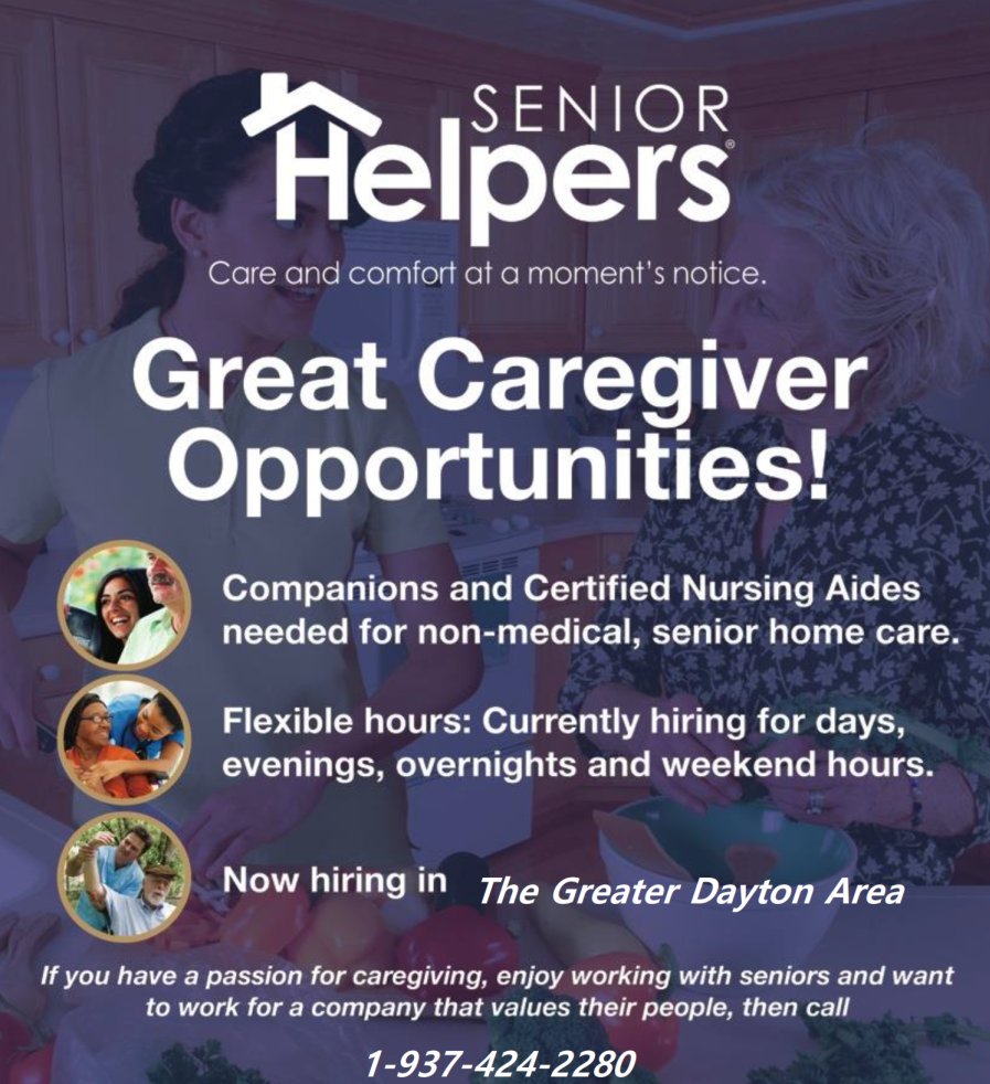 OMJGreeneCounty's tweet photo. Are you looking for a job as a #Caregiver in the Greater Dayton Area?  Check out Senior Helpers for your next career move. https://t.co/q8xLKAqdCV