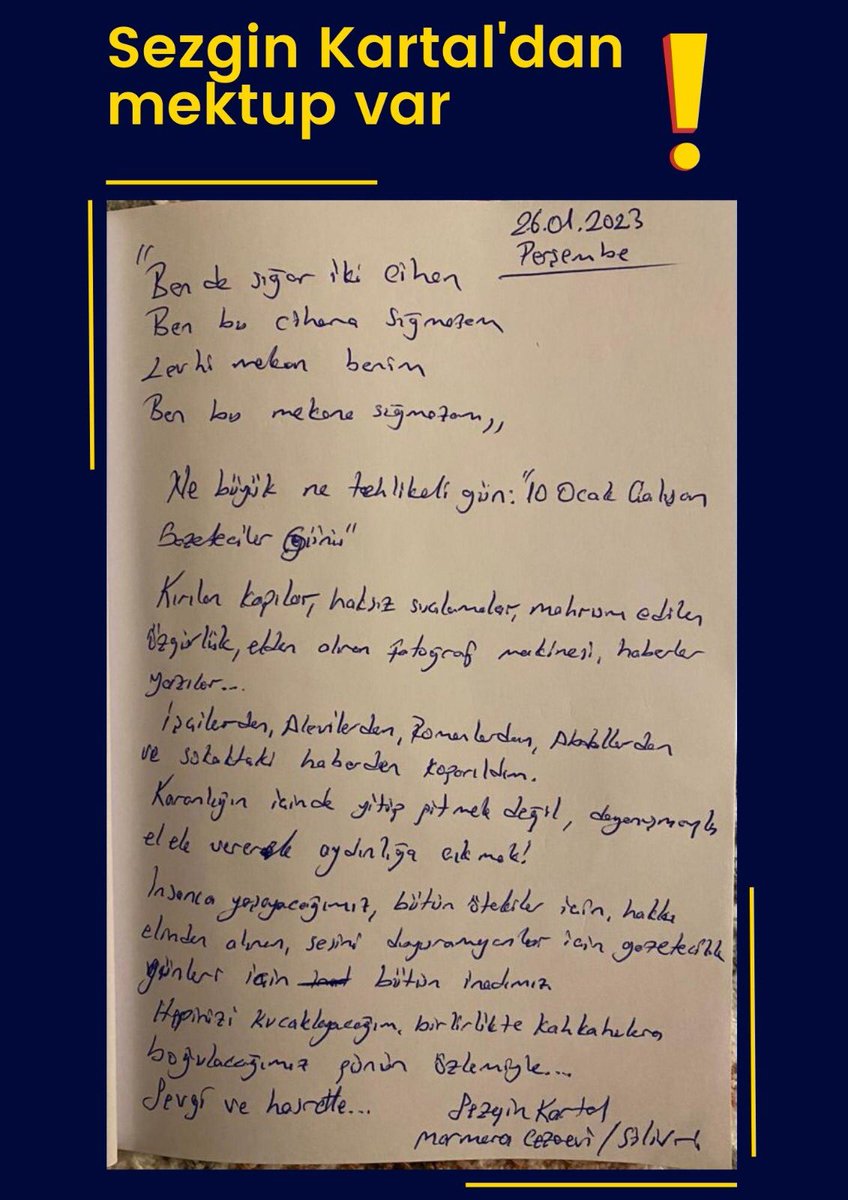 ✉️Tutuklu gazeteci Sezgin Kartal’dan mektup var: “İşçilerden, Alevilerden, Romanlardan, Abdallardan, sokaktaki haberden koparıldım” 

#SezginKartalaÖzgürlük ❗️