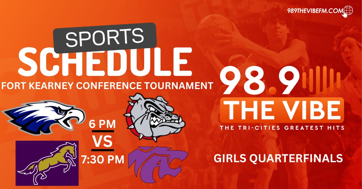 Fort Kearney Conferences Girls Quarterfinals High School Basketball Tonight on 98.9 The Vibe
📍Overton vs Pleasanton at 6 pm
      SEM vs Axtell at 7:30 pm
<a href="/OvertonEagles/">Overton Eagles</a>  <a href="/BulldogsPHS/">Pleasanton Schools</a> <a href="/SEMMustangs/">SEM MUSTANGS</a> <a href="/axtellwildcats/">Axtell Wildcats</a> 
🎙📻 central.newschannelnebraska.com/989-the-vibe
<a href="/989TheVibeFM/">98.9 The Vibe</a>   #nebpreps