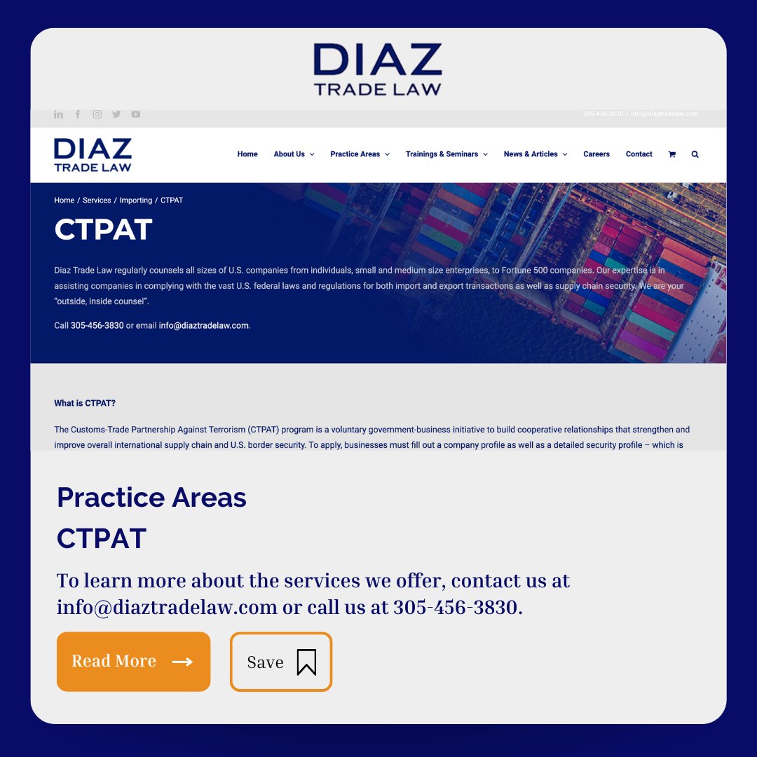 DiazTradeLaw's tweet photo. DTL regularly advises clients on the minimum-security guidelines necessary to implement within your supply chain to ensure you have a secure supply chain worthy of entry into the CTPAT program.
Give us a call 305-456-3830 or email info@diaztradelaw.com to learn more! #DTLRocks https://t.co/hNqXAUL4D2