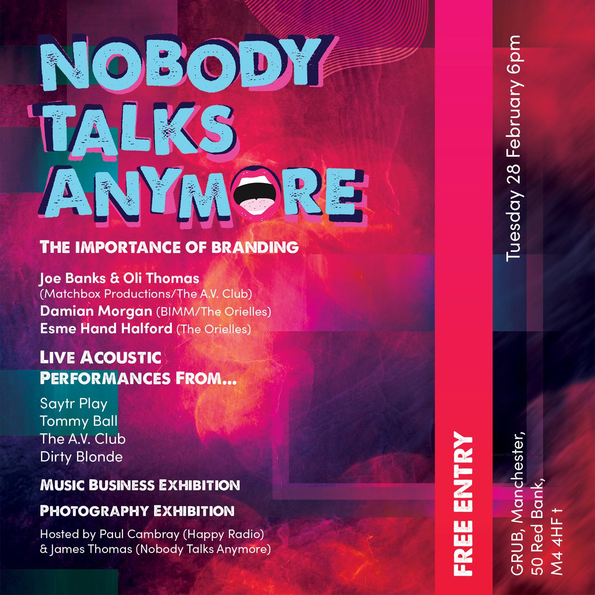 Nobody Talks Anymore! 💥 

We are back for our first event of 2023 at <a href="/GRUBMCR/">GRUB</a> on Tuesday 28th Feb.

Join us for an evening where we will be looking at the importance of branding in music. 

FREE TICKETS BELOW!

fatso.ma/XjLs