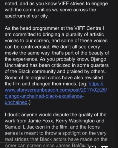 Disgusting display of #whitesupremacy by @viffster and @VIFFest committed to showing #djangounchained as a part of their #blackhistorymonth programming despite public complaints.