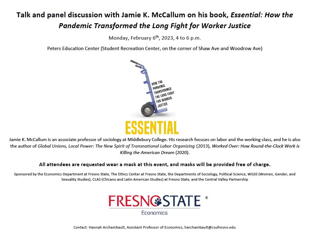 Join us for a talk and panel discussion with Jamie K. McCallum on his book, Essential: How the Pandemic Transformed the Long Fight for Worker Justice. Monday, 6 Feb. 4 to 6pm. Peters Education Center.