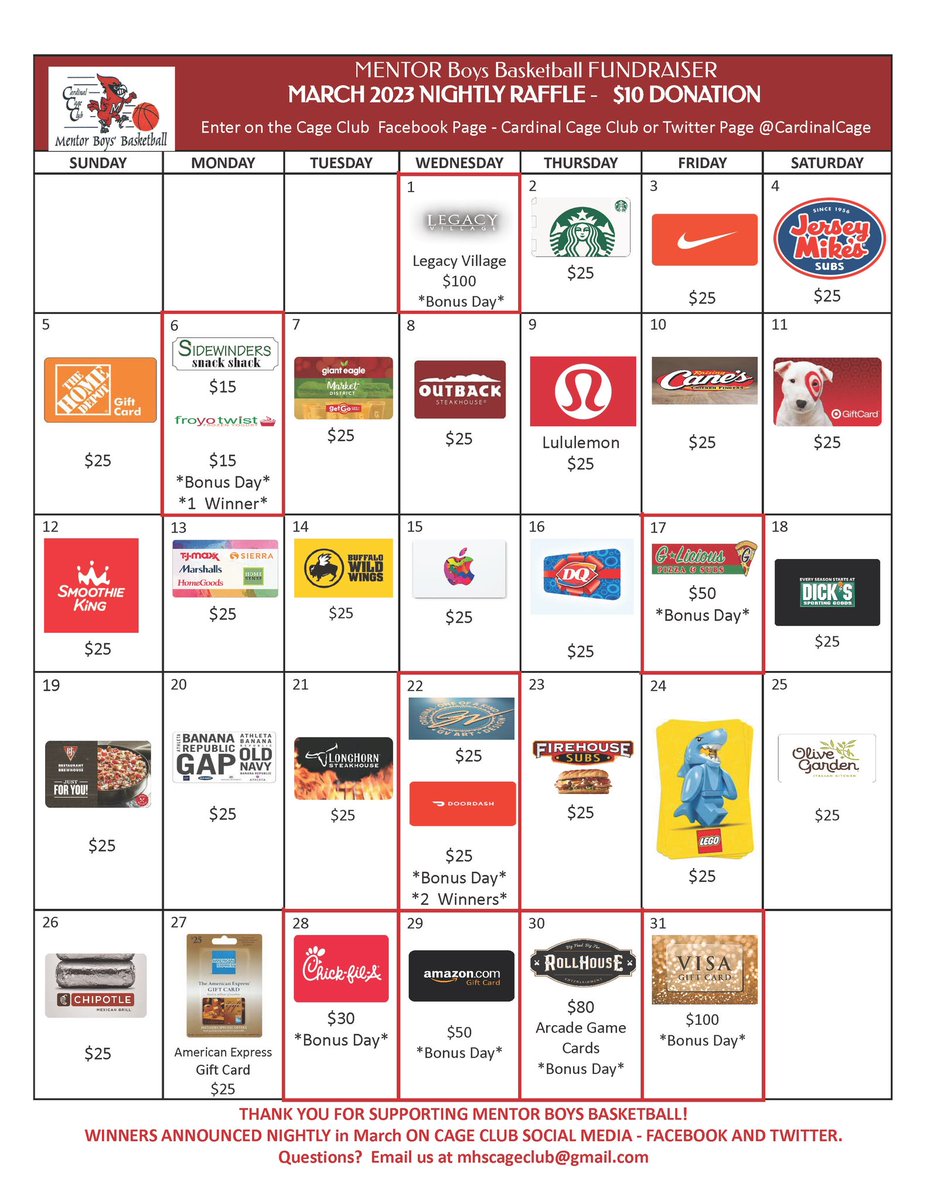 We’re already thinking March Madness! Use the link ⬇️ to enter our March Madness Gift Card Calendar Fundraiser! Drawings take place daily in March. Every winner gets entered back into drawing. 

my.cheddarup.com/c/mhs-boys-bas…

<a href="/MentorAthletics/">MentorAthletics</a> <a href="/MentorCPC/">Cardinal Parents Club</a> <a href="/cityofmentor/">City of Mentor</a> <a href="/mentorbball/">Mentor Basketball</a>