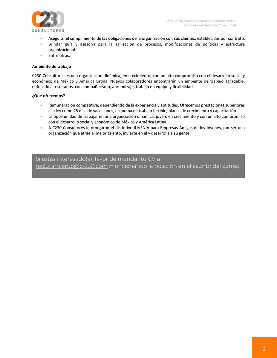 En C230 Consultores estamos buscando un(a) Jefe(a) de Control Interno. Si cumples con el perfil envía tu CV a reclutamiento@c-230.com, mencionando la posición en el asunto del correo.