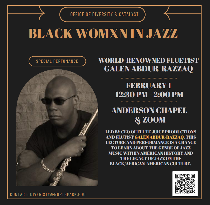 TheofficeofDiv1's tweet photo. Catalyst on Campus: Black Womxn In Jazz Lecture &amp; Performance with Flutist Galen Abdur-Razzaq
12:30 pm-2:00 pm
Anderson Chapel &amp;  Zoom https://t.co/U66vGTkvg3