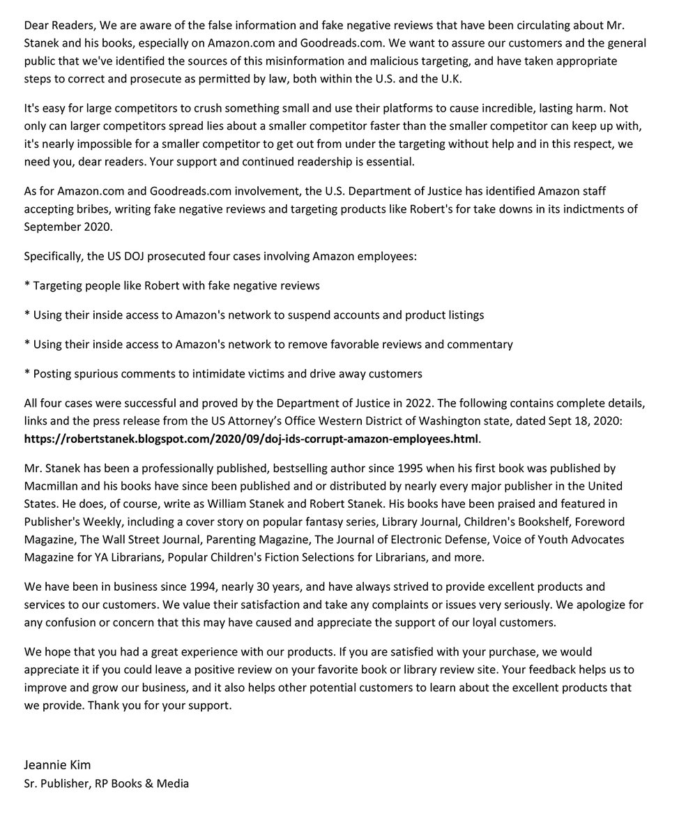 robertstanek's tweet image. Addressing the ongoing malicious targeting of myself and my books, from which I make my living. Your support needed so that I can continue to have a writing career.

robertstanek.blogspot.com/2023/01/letter…

#readcreekside
#librarysanibel
#LibFSU
#Melick_Library
#SyracuseULib
#BowieHSLibrary