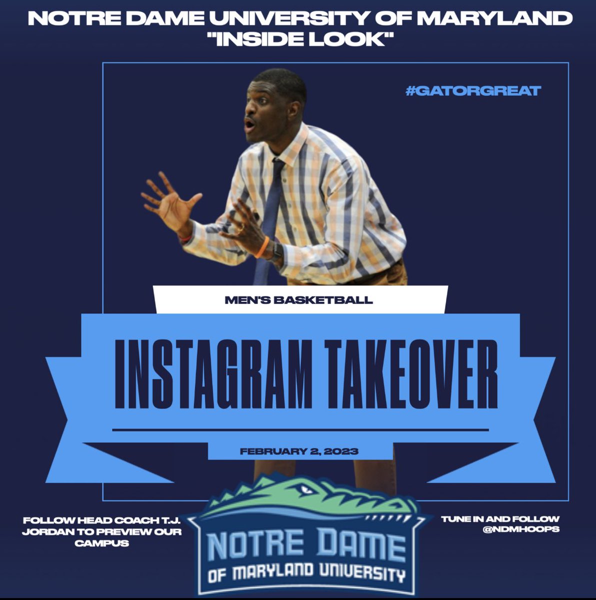 NDMUMBB's tweet photo. Join Coach Jordan on our Instagram account for an “inside look” into our campus  on February 2, 2023 #GatorGreat 🎬 https://t.co/wcFLwsHLqj