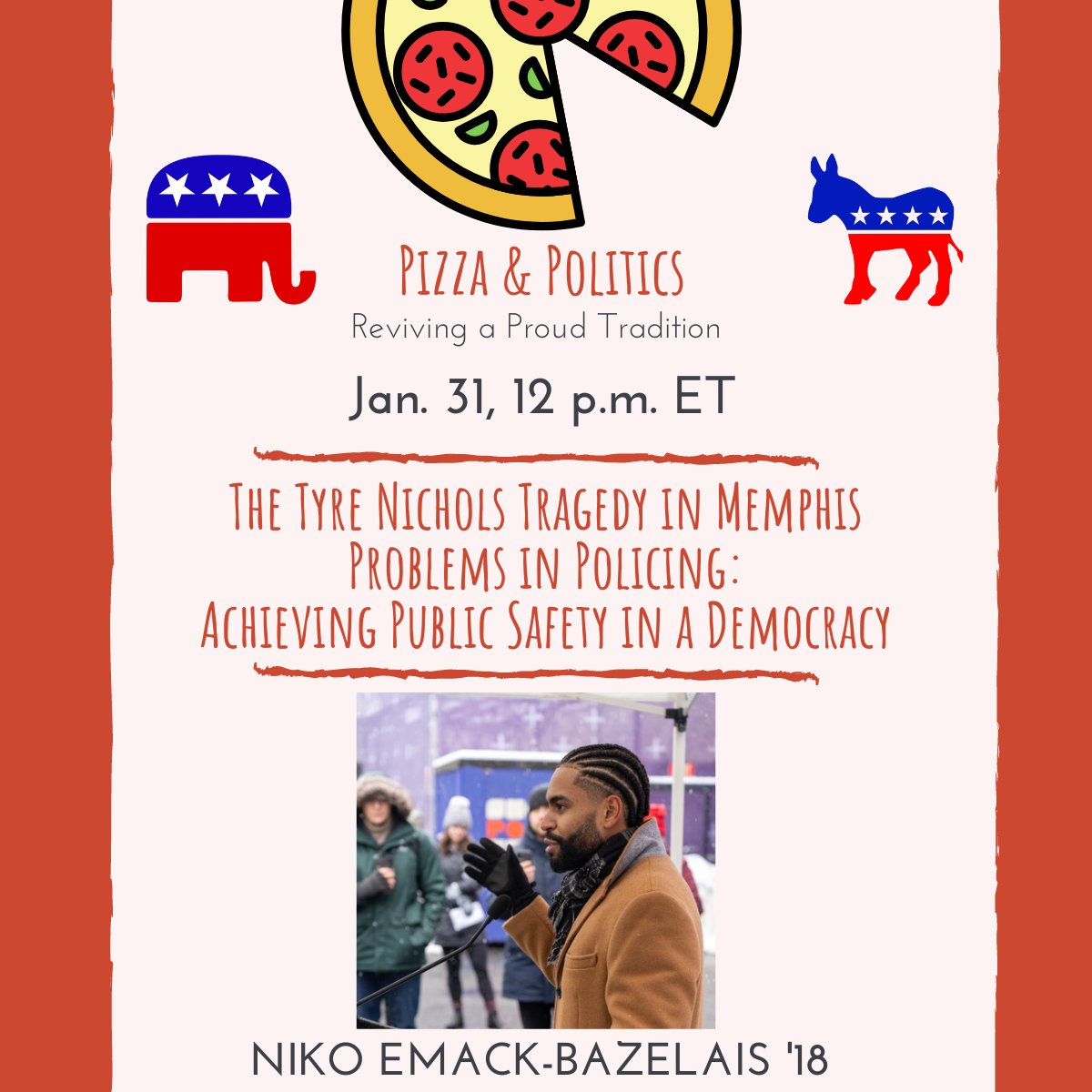 .<a href="/eccommstudies/">Emerson College Communication Studies Dept.</a>'s Pizza &amp; Politics, TUESDAY NOON 🚨 The Tyre Nichols Tragedy in Memphis - Problems in Policing: Achieving Public Safety in a Democracy

emerson.zoom.us/j/98349660784?…