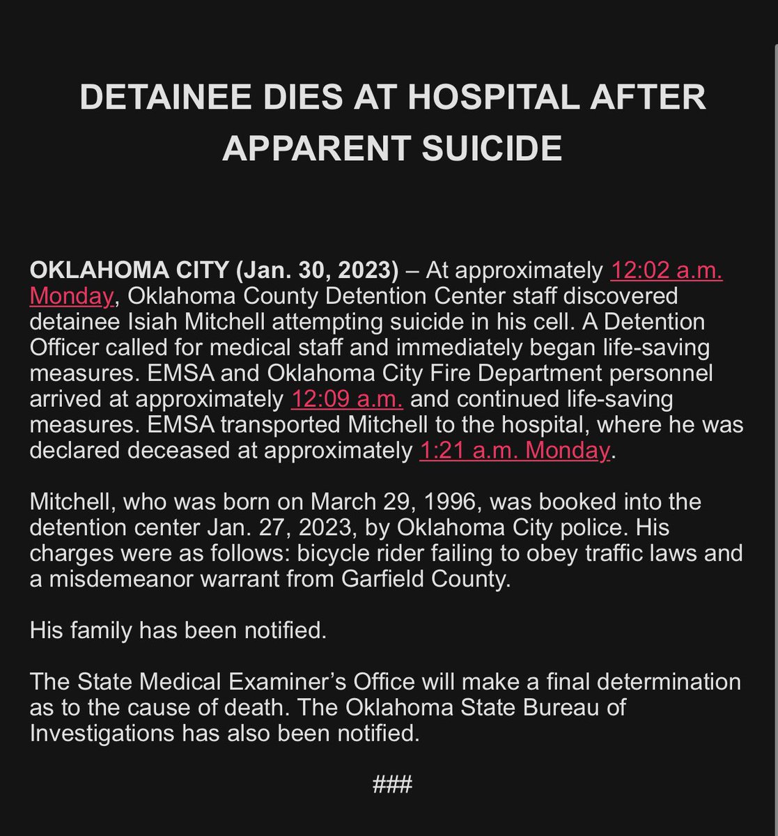KOCOMeghan's tweet image. ‼️DETAINEE DEATH: The Oklahoma County Detention Center says an inmate, Isiah Mitchell, was discovered inside his cell attempting suicide. 

He was later pronounced dead at the hospital. 

Mitchell was booked into jail three days ago. | @koconews