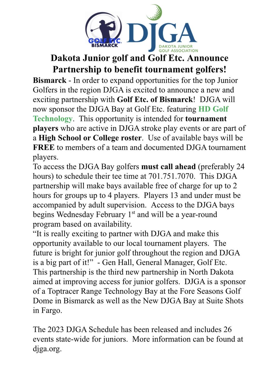 DakJuniorGolf's tweet photo. Starting February 1 we have another opportunity for DJGA players, High School and College Rostered  Players as we announce our partnership with ⁦@GolfEtcBismarck⁩ ! https://t.co/S8kzgYrdOW