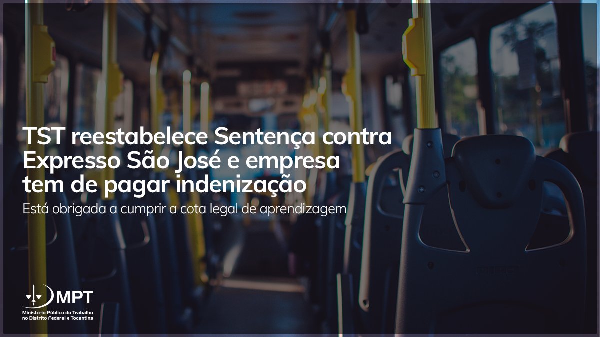 O TST determinou o reestabelecimento da Sentença do juízo de primeiro grau contra a Expresso São José, que deve efetuar pagamento de indenização a título de dano moral coletivo por contração insuficiente de aprendizes.

Saiba mais: link.mpt.mp.br/QxRWjfR