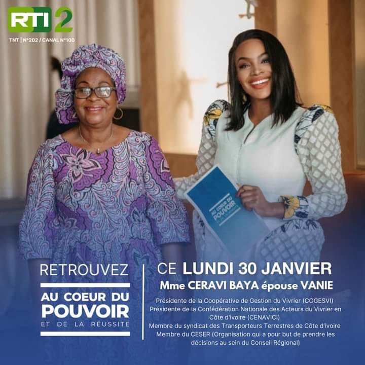 RTIOfficiel's tweet image. #AuCoeurDuPouvoir | Ce lundi 30 Janvier à 21h00 GMT sur RTI2.
Découvrez l'inspirant parcours de Mme CERAVI BAYA épouse VANIE, Présidente de la Coopérative de Gestion du Vivrier (COGESVI).
#CassandraAssamoi
#ACDP #RTI2