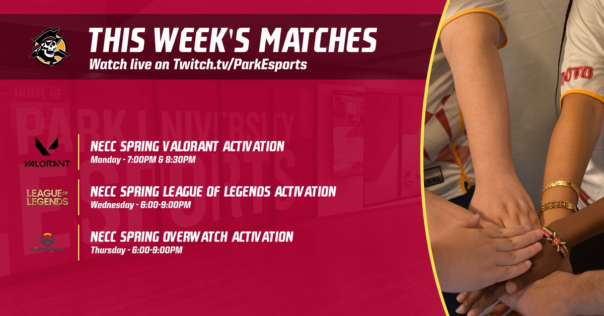 Check out this week's matches from Park Esports live on our Twitch. We've got Valorant, League of Legends, and Overwatch all competing in the NECC Spring Activation! Watch live at Twitch.tv/ParkEsports.
•
•
 #eSports #parkuniversity #kansascity #pirates #college