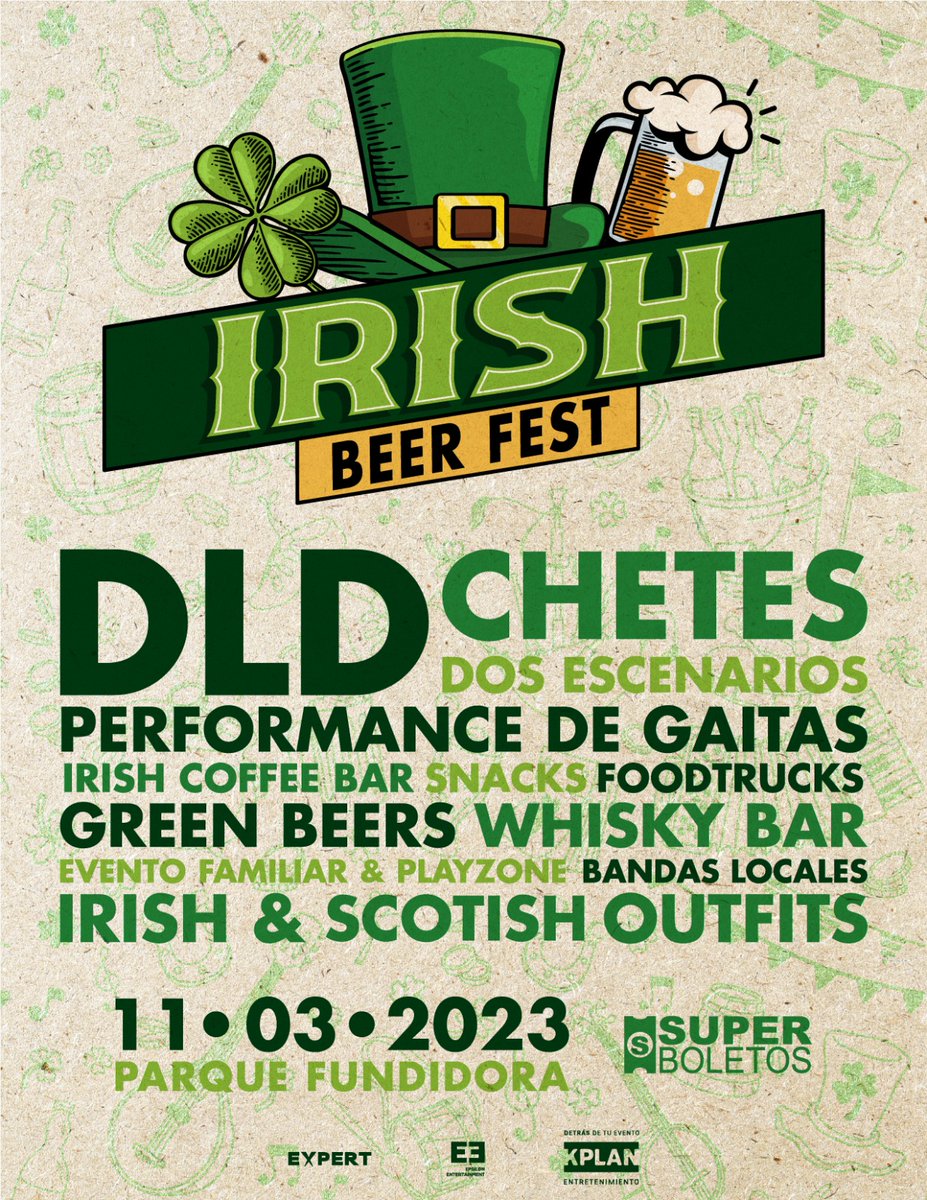 CACHARCOSMX's tweet photo. Festival IRISH BEER FEST Monterrey🍀🍻 Line Up Oficial 🎟️ Compra en Superboletos https://t.co/H9NrcjIFnV

#mediosdigitales #DLD  #Chetes #parquefundidora #monterrey #mexico https://t.co/9yMsvqcMQR