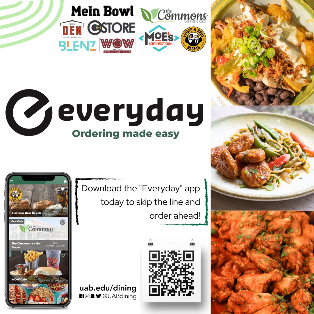 Download Everyday today and enjoy the convenience of ordering from the comfort of your phone and skip the line! 💚💛

*GrubHub mobile ordering will go offline on March 6th*

#uabdining #Everyday