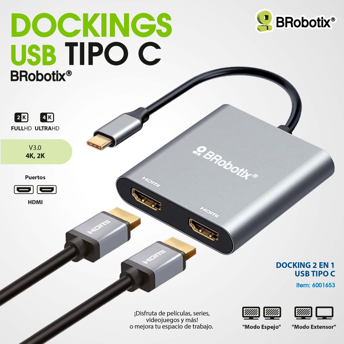 El Docking 2 en 1 USB V3.0 Tipo "C" #BRobotix conecta tu dispositivo con puerto Tipo "C" a 2 monitores con puertos HDMI. ¡Disfruta de películas, series, videojuegos, y más! o mejora tu espacio de trabajo 💯✅
#SomosSoluciones #docking #dockingstation #hdmi #extensor #usb #tipoc