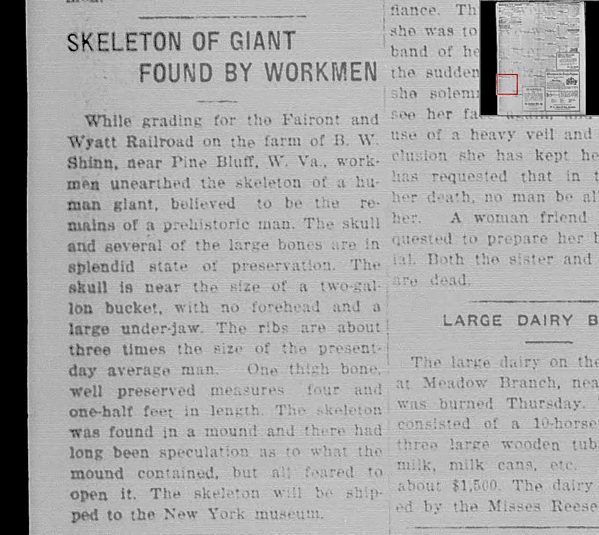 TConfessionals's tweet photo. In the November 27, 1916 edition of the Martinsburg WV Evening Journal, a story can be found about workmen uncovering a giant skeleton while putting in a railway line in Harrison County. This screenshot is from the Chronicling America website. https://t.co/BaOpBC6qFS