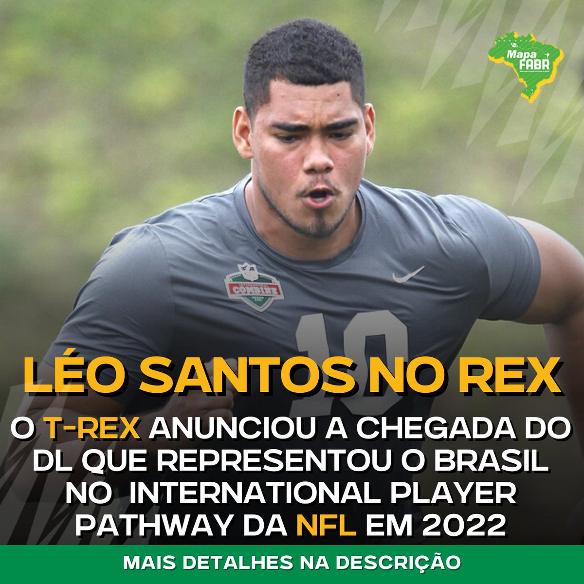MapadoFABR's tweet photo. O T-Rex anunciou um dos jogadores com mais potencial no FABR, o DL Léo Santos. Foi o representante do Brasil no International Pathway Program 2022 da NFL. Ele não foi adiante, mas vai participar do Combine da CFL esse ano e tentar uma vaga no Global Combine da liga canadense. https://t.co/cQAiFmwDBZ