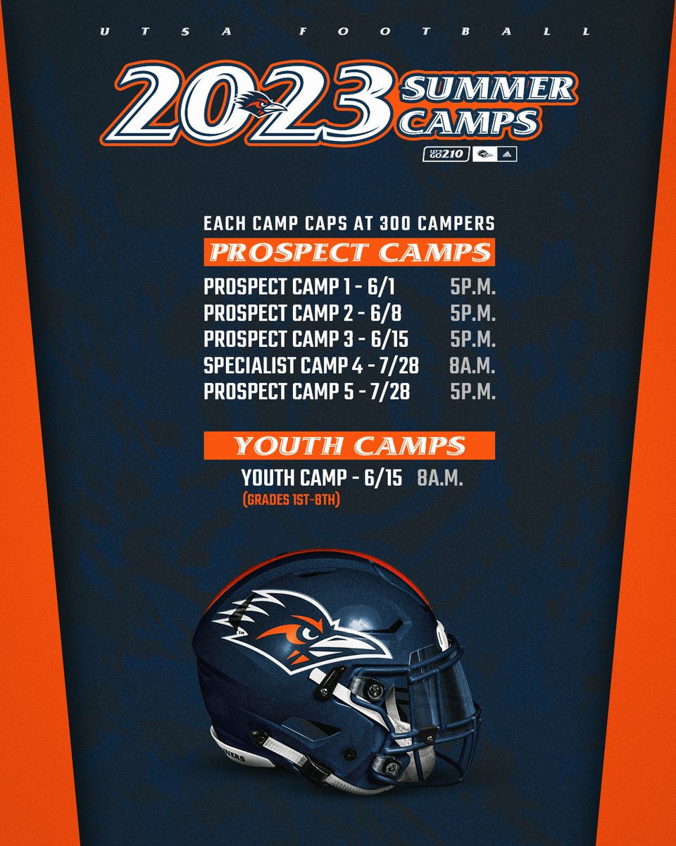 UTSA Football π (@utsaftbl) on Twitter photo π¨ UTSA's 2023 summer camp dates have been announced. Register now at the link below. π
βΉοΈ utsafootballcamps.com
UTSA Football Camps are open to any and all entrants, limited only by number, age, grade level and/or gender.
#210TriangleOfToughness 
#LetsGo210 | #BirdsUp π€ π¨ UTSA's 2023 summer camp dates have been announced. Register now at the link below. π
βΉοΈ utsafootballcamps.com
UTSA Football Camps are open to any and all entrants, limited only by number, age, grade level and/or gender.
#210TriangleOfToughness 
#LetsGo210 | #BirdsUp π€