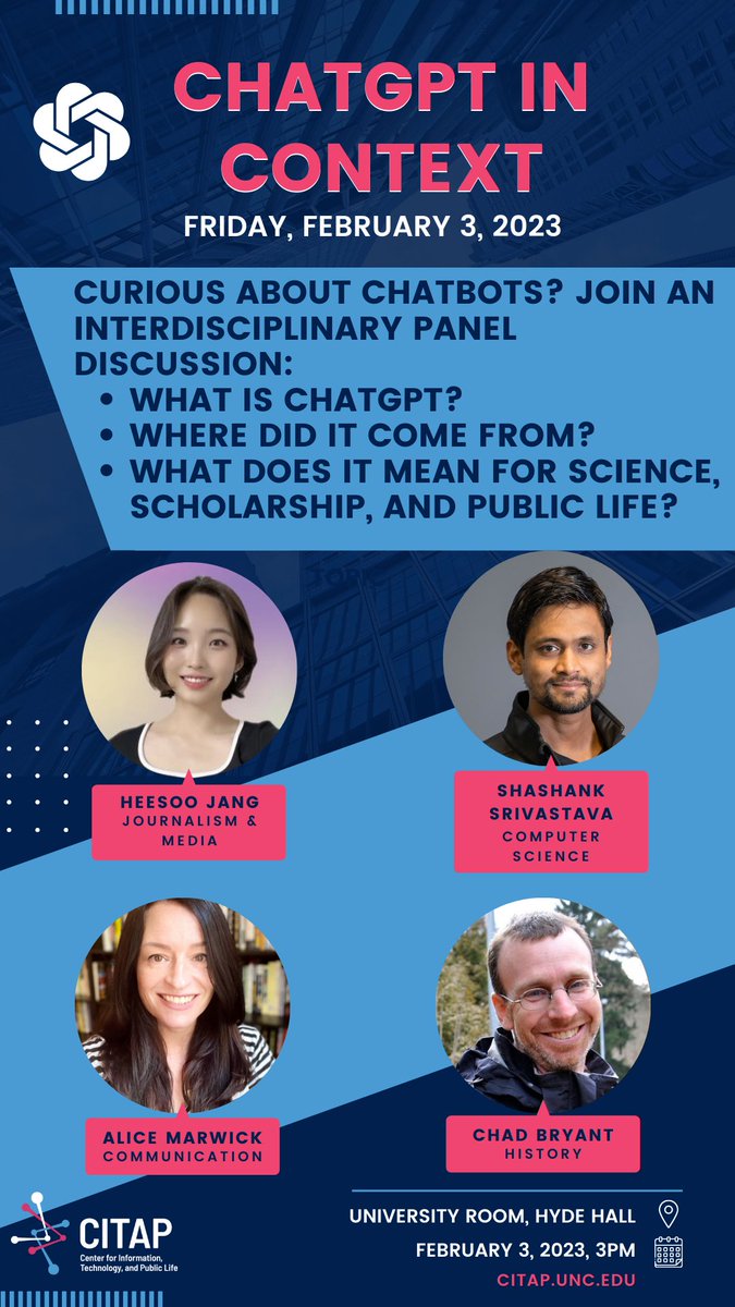 UNC Computer Science (@unccs) on Twitter photo Join CS faculty member, <a href="/shsriva/">Shashank Srivastava</a>, alongside faculty from across campus on FRI, FEB 3 at 3PM ET, as the panel explores - "What is ChatGPT? Where did it come from? What does it mean for science, scholarship, and public life?" Event details here: citap.unc.edu/event-chatgpt-… Join CS faculty member, <a href="/shsriva/">Shashank Srivastava</a>, alongside faculty from across campus on FRI, FEB 3 at 3PM ET, as the panel explores - "What is ChatGPT? Where did it come from? What does it mean for science, scholarship, and public life?" Event details here: citap.unc.edu/event-chatgpt-…