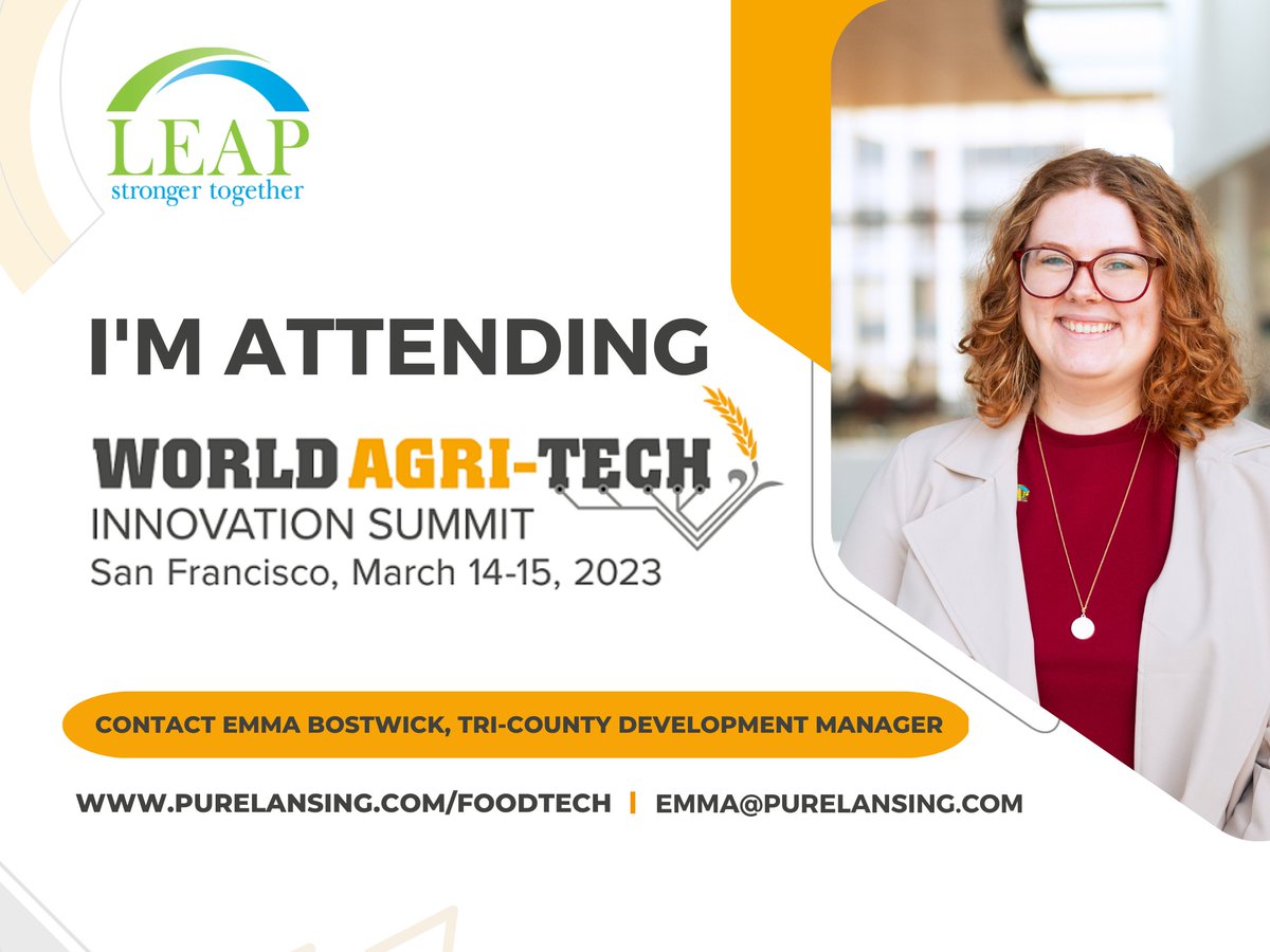 purelansing's tweet photo. #LEAPactivator Emma Bostwick will be at the @WorldAgriTech Innovation Summit in San Francisco, California.🌾🧬🚜 If you are considering expanding your business to the midwest or Michigan, start a conversation with Emma today!
#AgricultureTechnology #FoodInnovation #FoodTech https://t.co/l3Lpq7KG5G